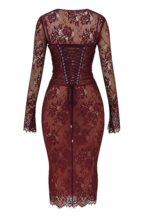 Burgundy Lace Two-Piece Midi Dress - Sheer Long-Sleeve & Ruched Slip Dress Set