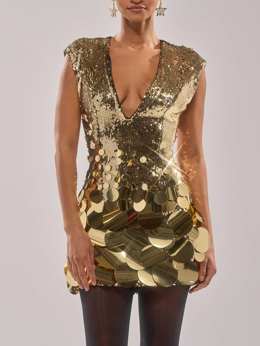 Gold Sequined Disc Embellished Mini Dress