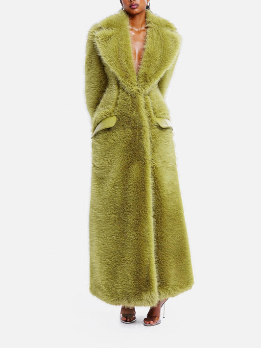 Olive Green Lapel Collar Oversized Fur Long Coat