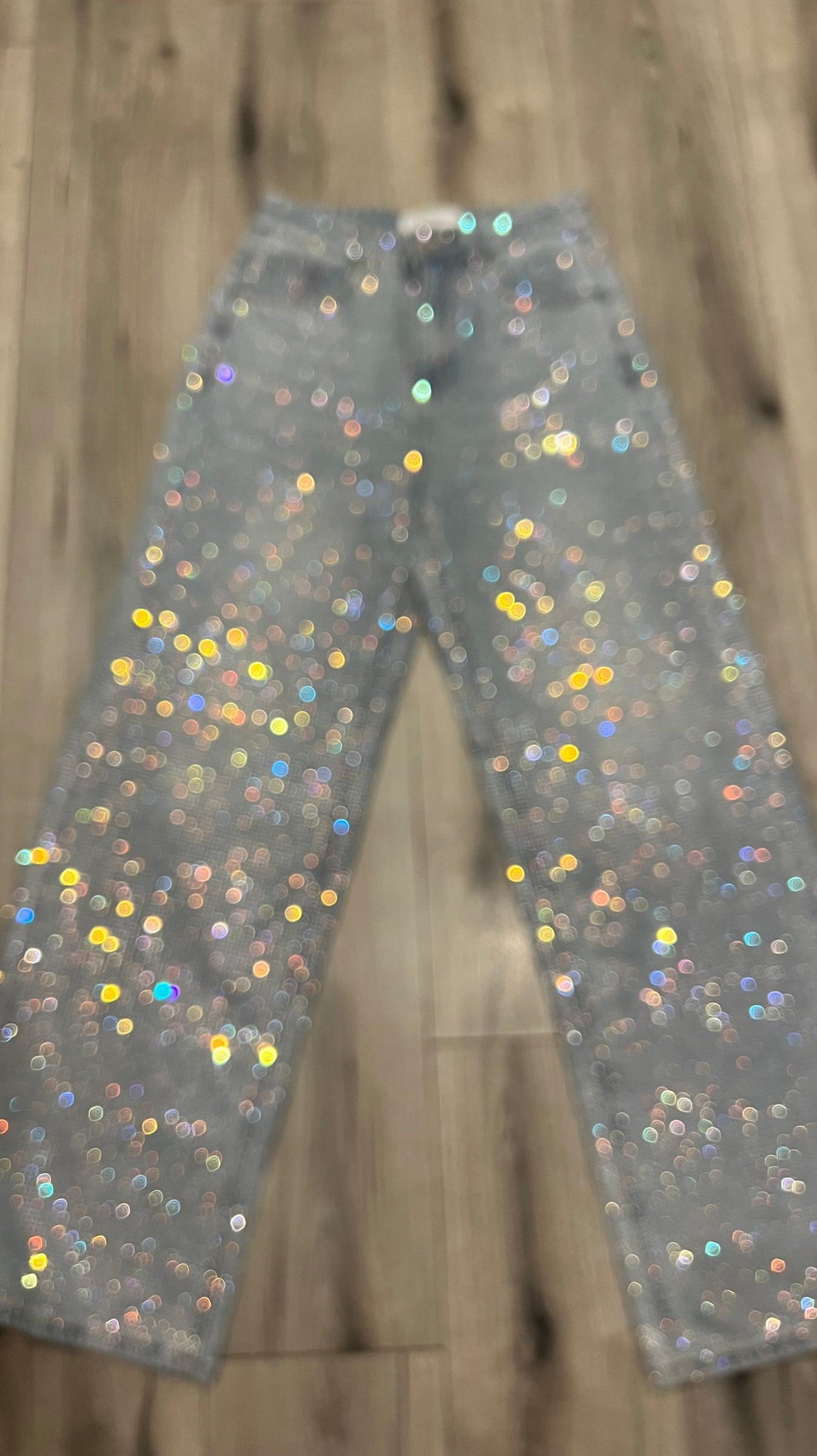 Rainbow Diamanté Blue Wide Leg Sparkle Covered Jeans
