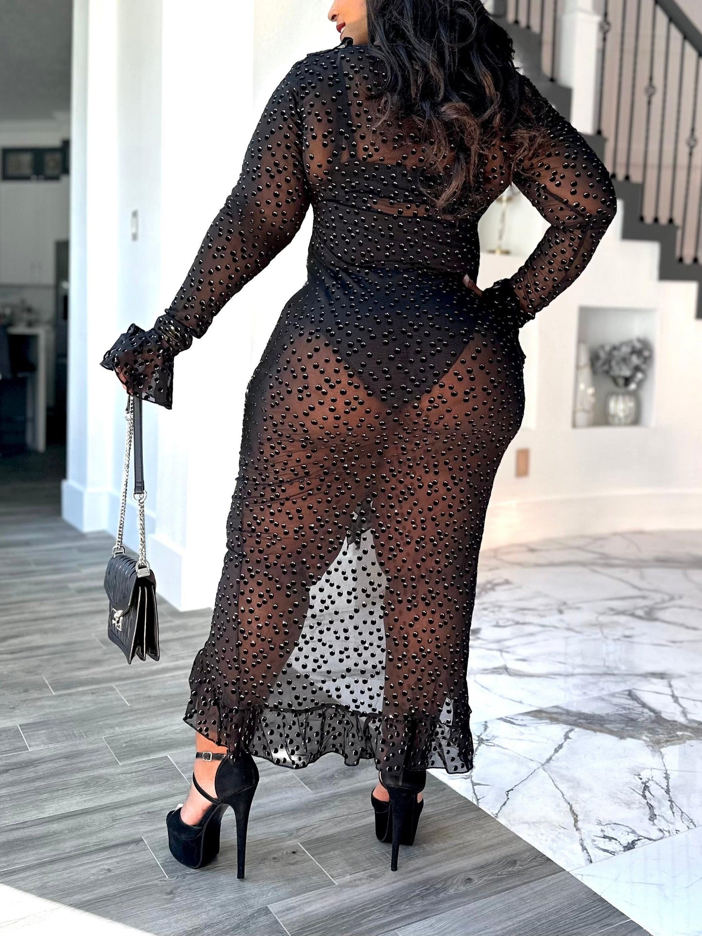 Ruffled Long Sleeve Bodycon See-Through Evening Party Gown