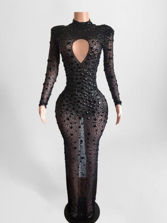 Black Rhinestone Embellished Mesh Cutout Bodycon Gown