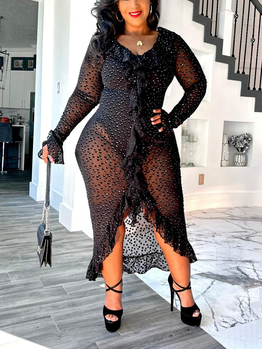 Ruffled Long Sleeve Bodycon See-Through Evening Party Gown