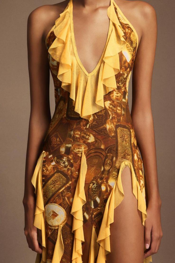 Golden Ruffled Halter Maxi Dress