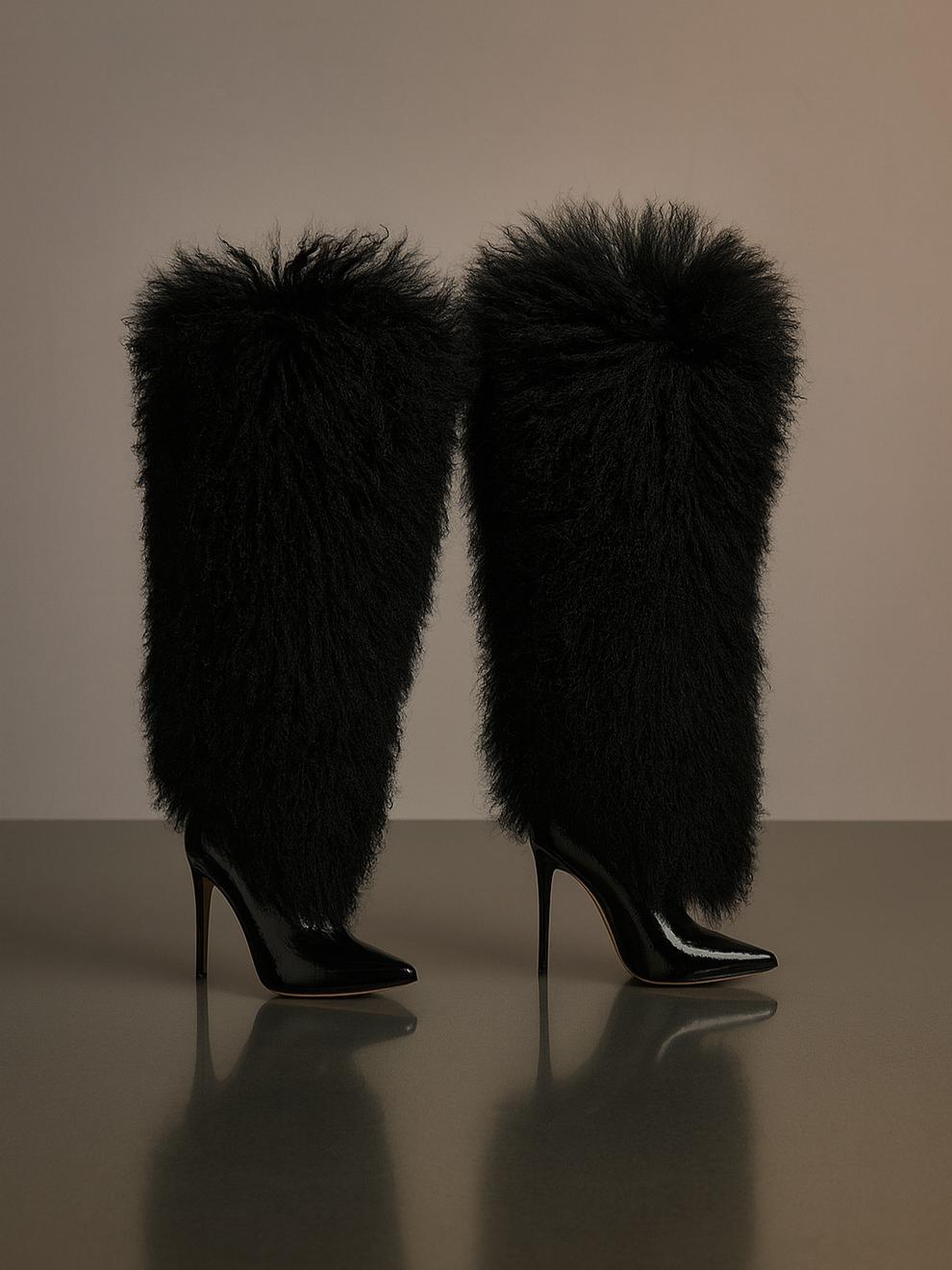 Faux Fur Over-The-Knee Patent leather Boots