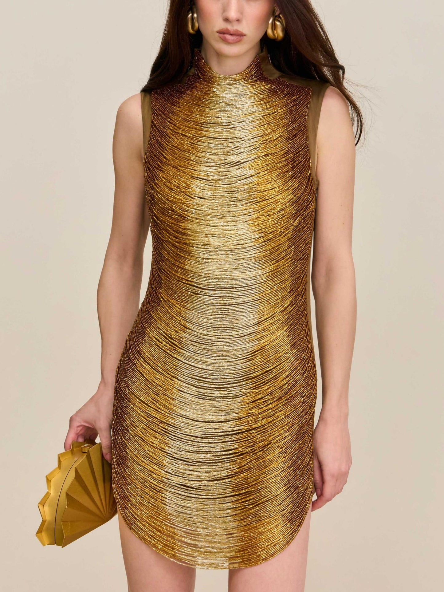 Elegant Bronze Sleeveless Fringe Mini Dress
