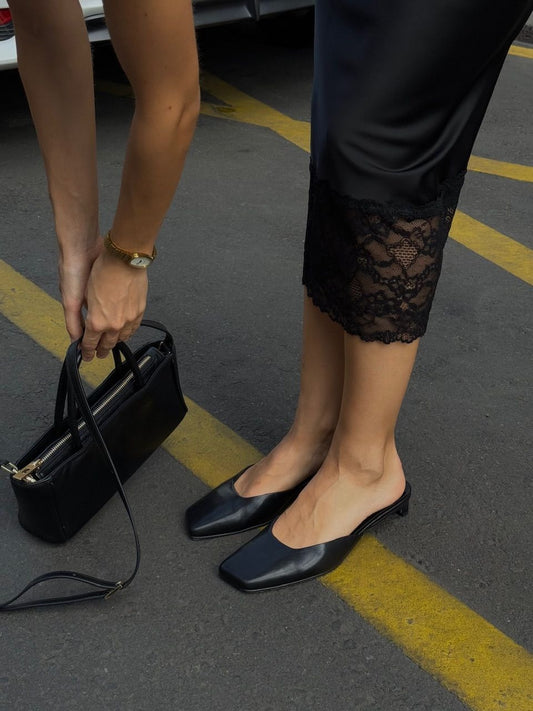 Black Leather Slip - on Heeled Mules