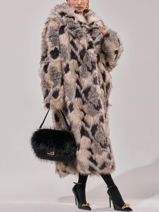 Oversized Leopard Spotted Pattern Faux Fur Long Coat