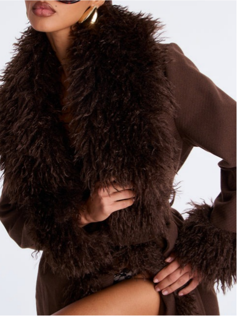 Chocolate Faux Fur Trim Brown Long Coat