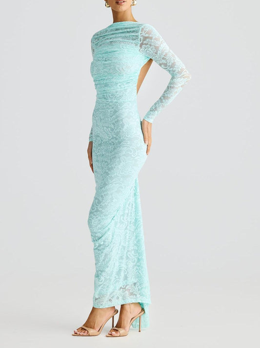 Turquoise Lace Long-Sleeve Cutout Back Maxi Dress