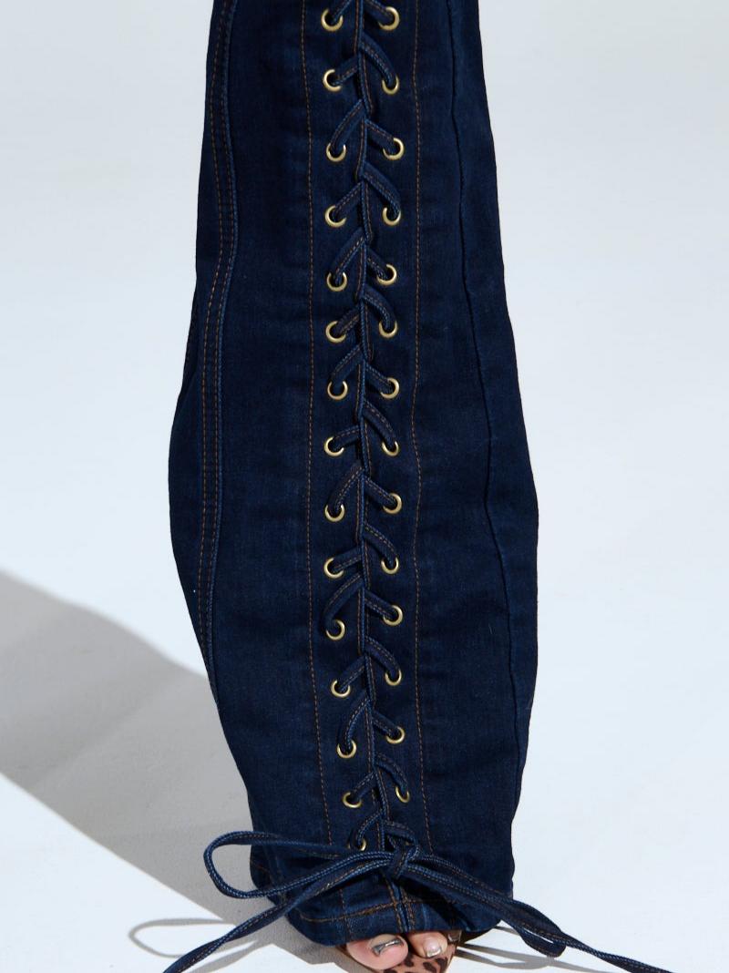 Dark Blue Denim Lace-Up Jacket & Flared Pants Set