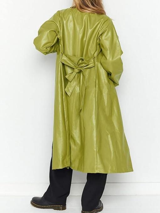 Casual Lapel Open Front Pu Faux Leather Long Trench Coat