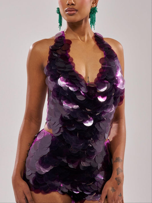 Oversized Disc Sparkle Crop Top & Shorts Party Club Outfit