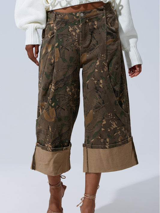 Vintage-Inspired Camouflage Wide-Leg Cropped Pants