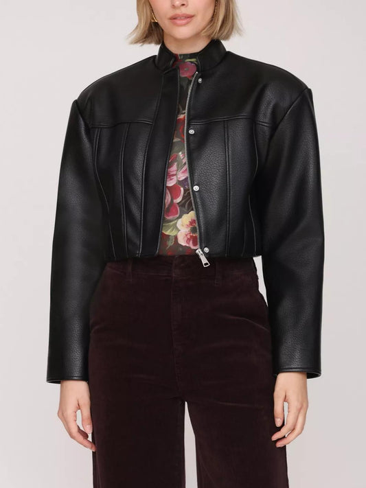 Faux Leather Wide Shoulder Cropped Jacket