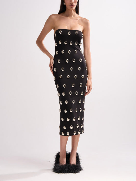Strapless Silver Studs Black Midi Dress