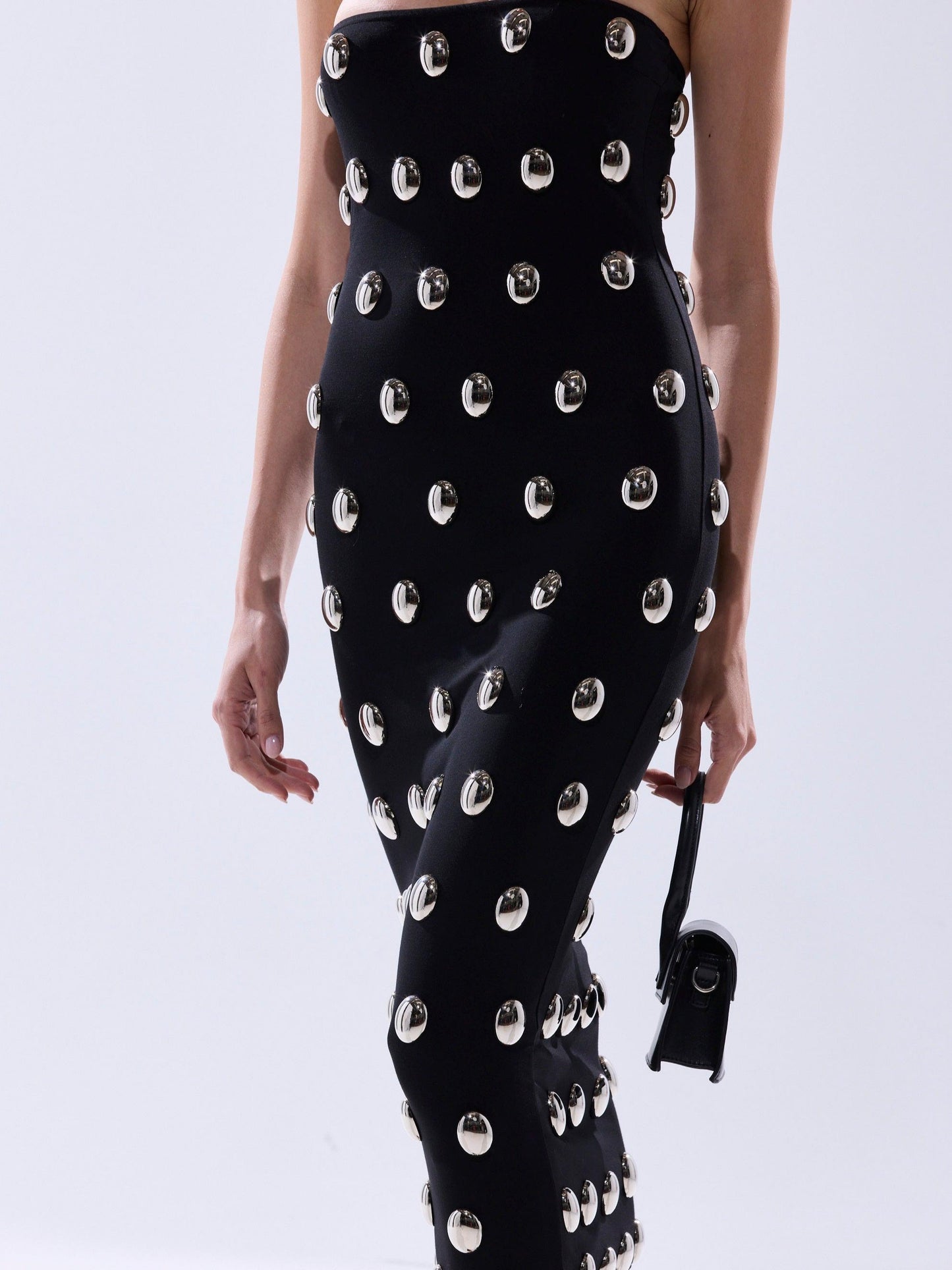 Strapless Silver Studs Black Midi Dress