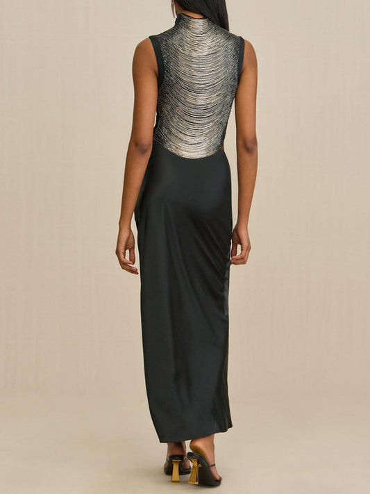 Elegant Black Ensemble: Sleeveless Fringe Top Paired with Flowing Satin Skirt