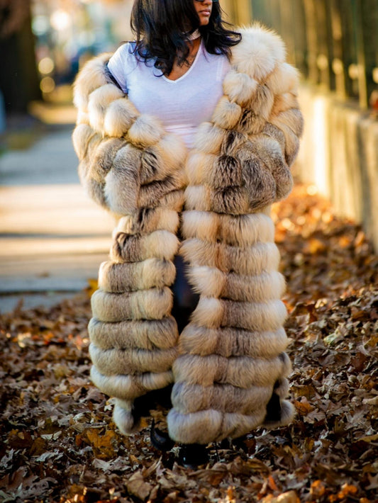 Full Length Fox Fur Trench Coat With Hood