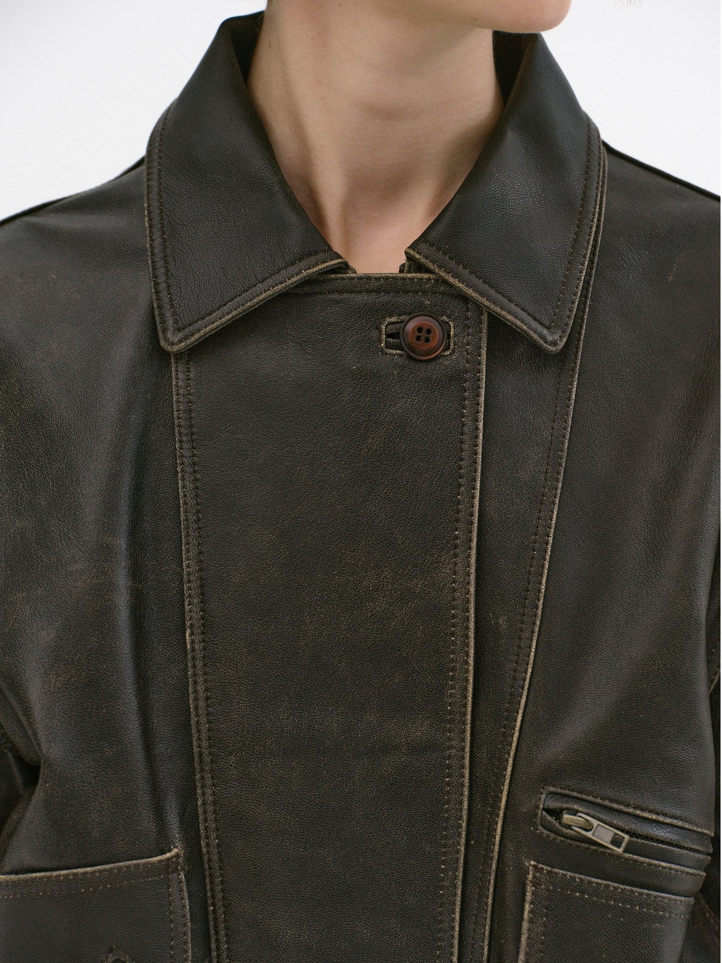 Brown Faded Faux Lambskin Bomber Jacket