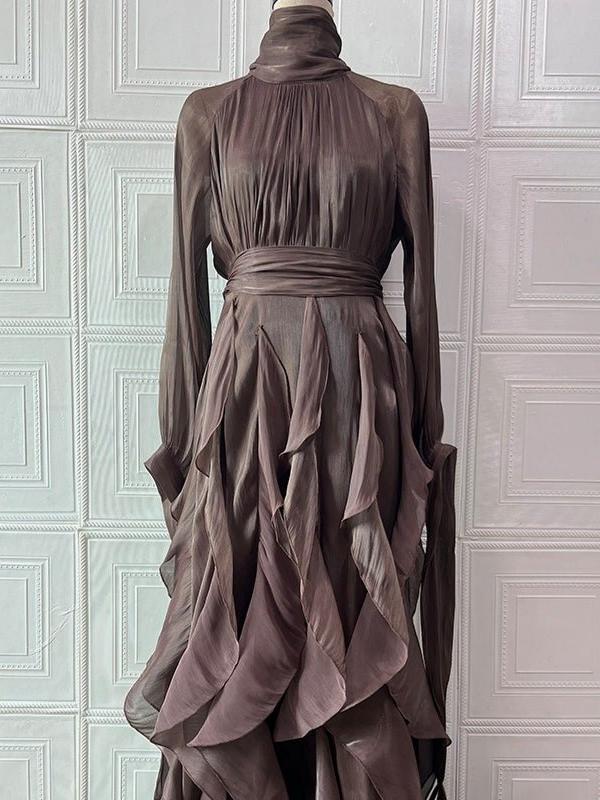Cascading Ruffle High Neck Tie-Waist Gown
