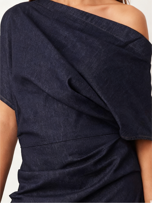 Draped Denim Maxi Dress