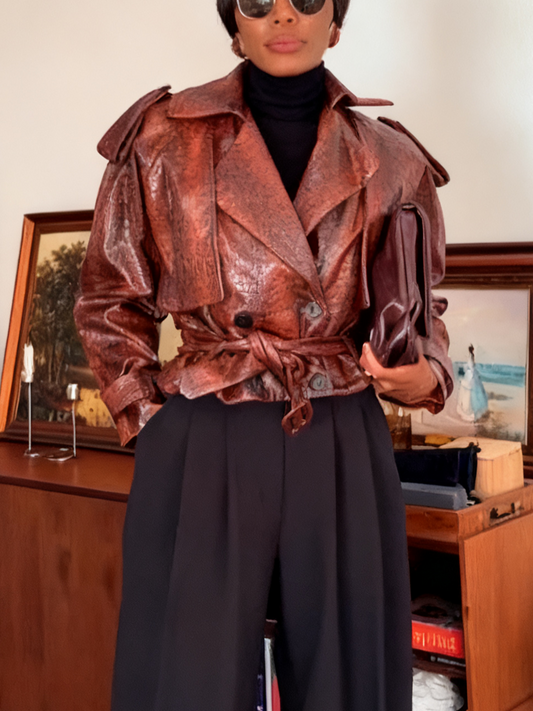 Vintage Style Snakeskin Faux Leather Cropped Trench Coat