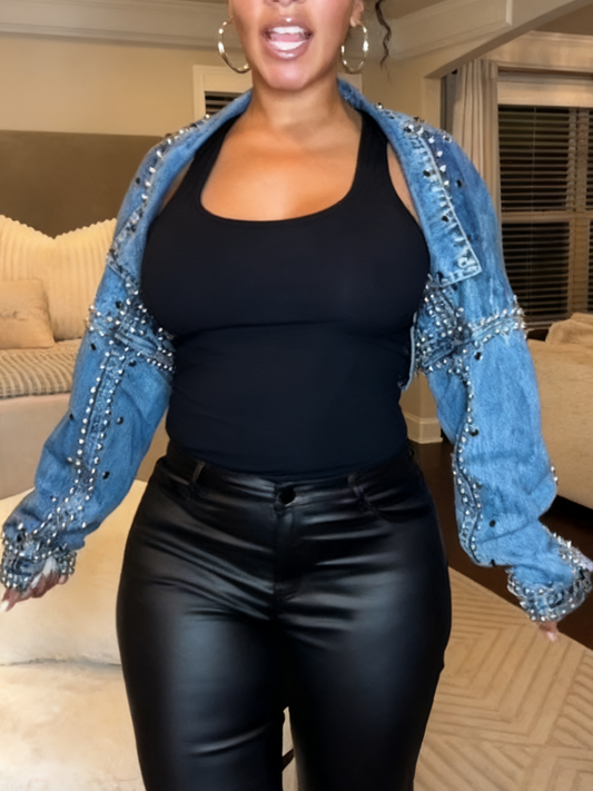 Silver Studded Embellished Light Blue Denim Crop Jacket