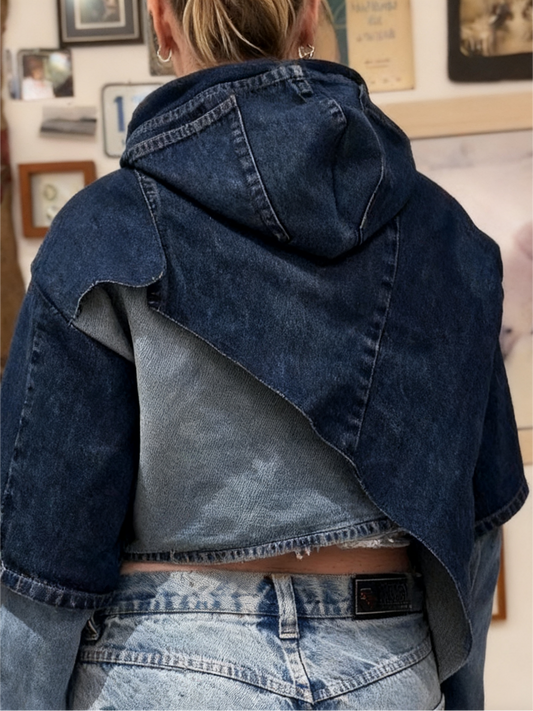 Unique Denim Patchwork Hooded Top