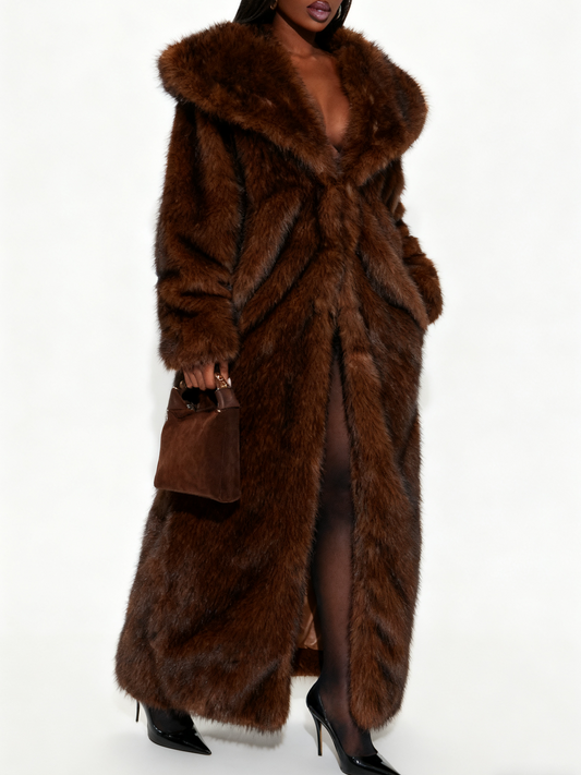 Chic Brown Full Length Faux Fur Coat