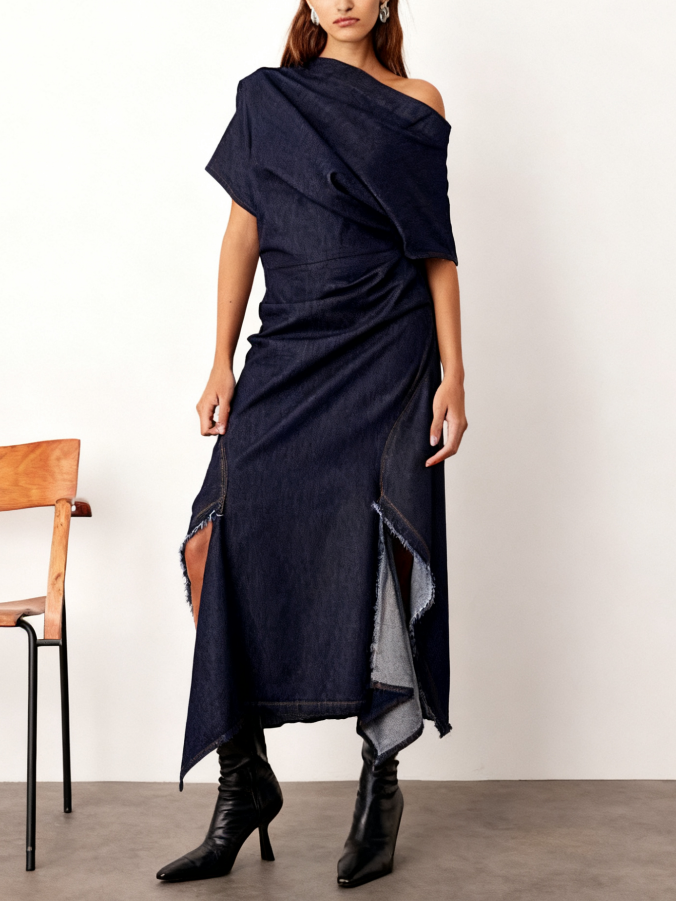 Draped Denim Maxi Dress