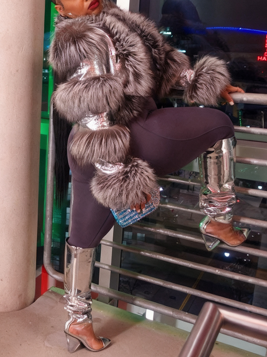 Silver Croc - Embossed Leather & Grey Fur Cropped Jacket