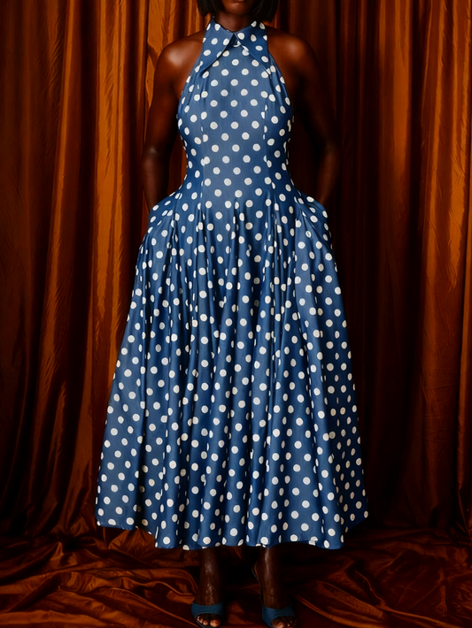 PolkaDot Denim Backless Midi Dress