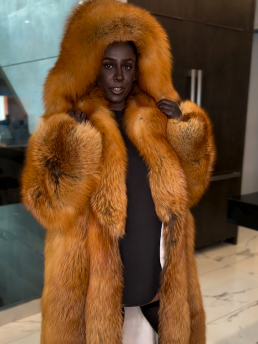 Luxury Golden Island Fox Fur Long Coat