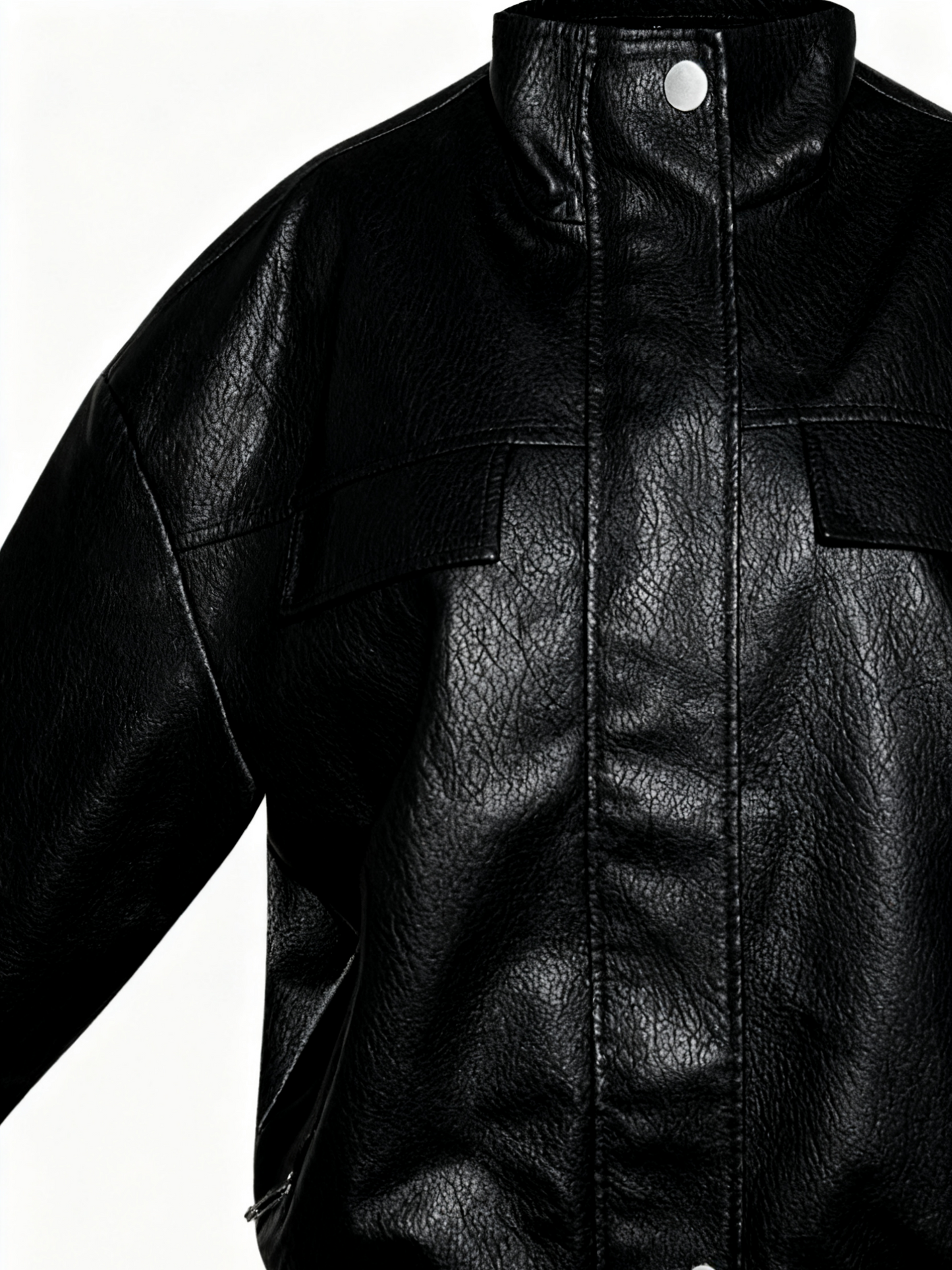 Black Funnel Neck Concealed Placket Faux Leather Jacket