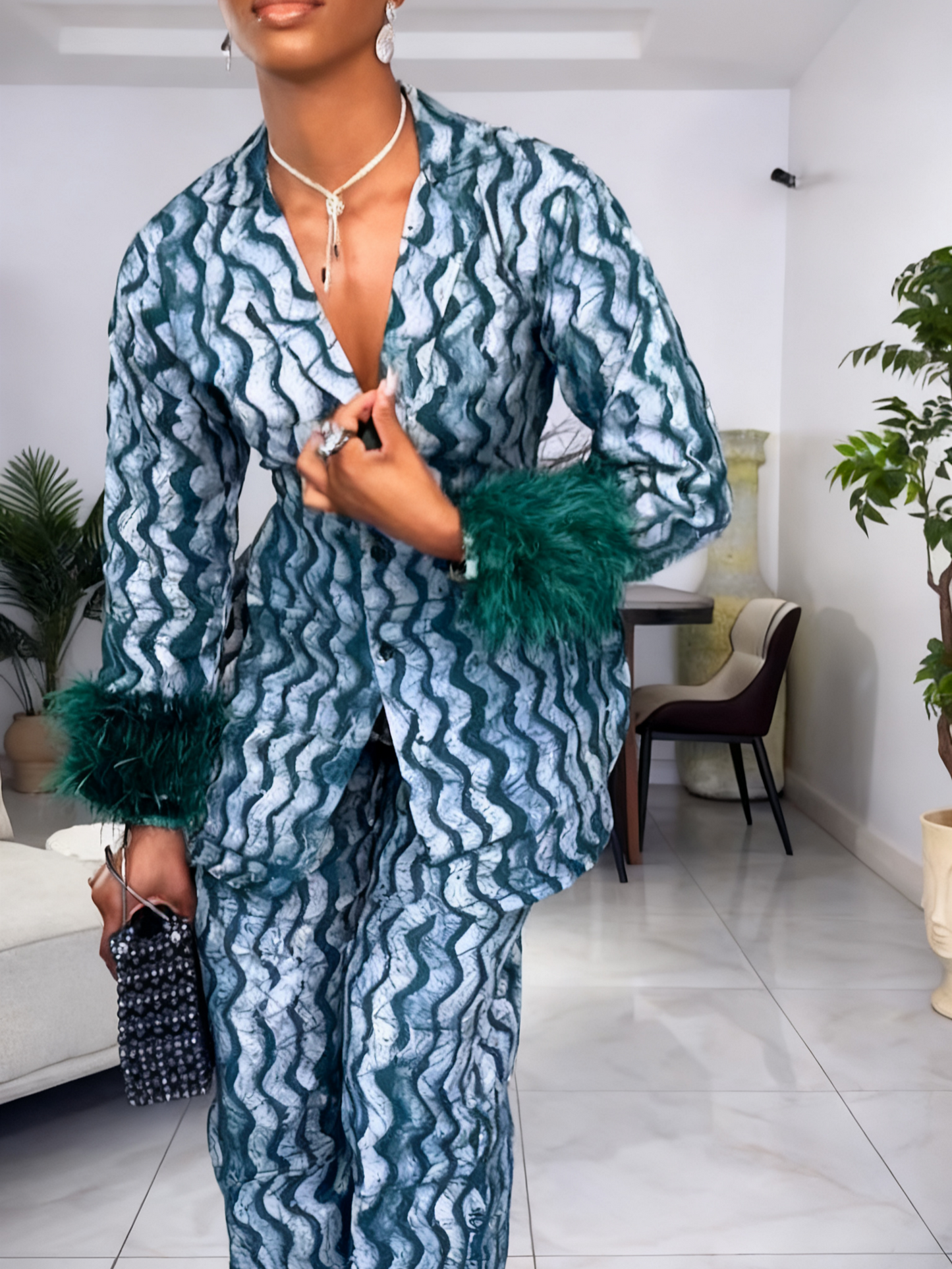 Elegant Wave Print Two-Piece Suit
