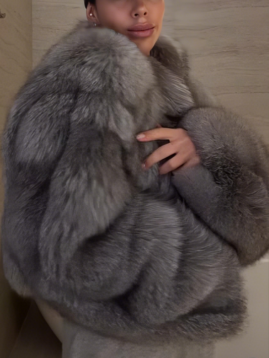 Luxury Oversized Faux Silver Fur Cropped Jacket