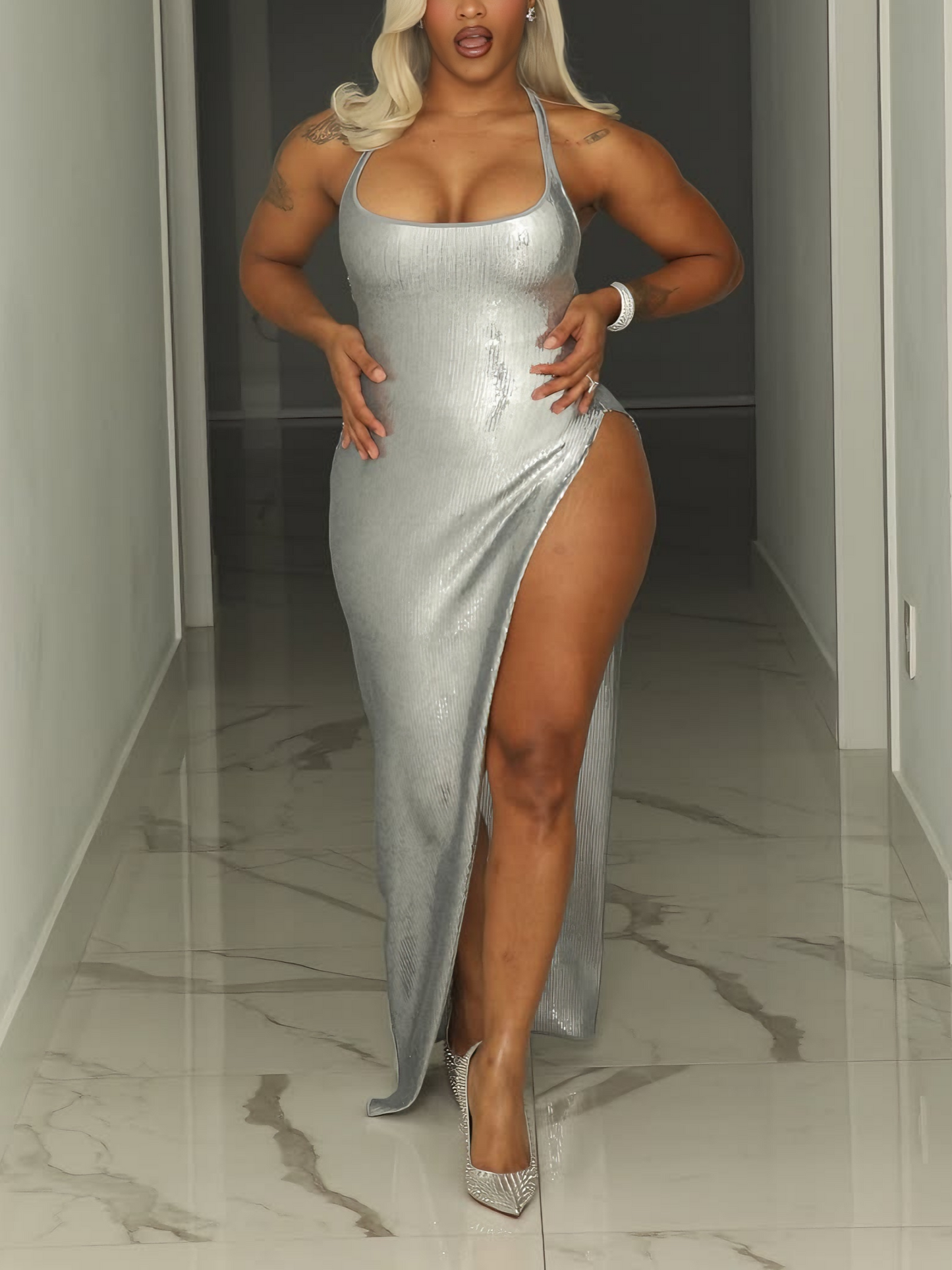 Metallic Silver Sleeveless Sequin Bodycon Gown