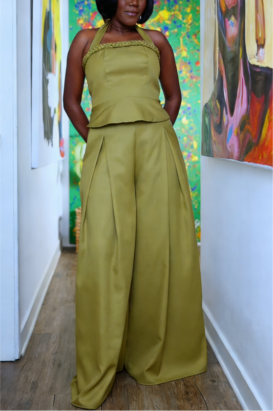 Olive Green Halter Neck Crop Top & Wide Leg Pants Set
