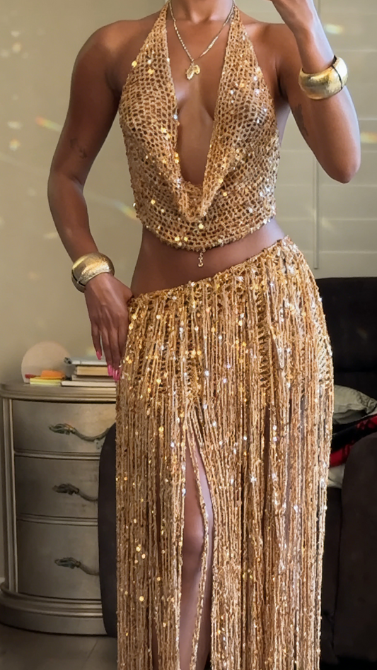 Gold Sequin Fringe Halter Two-Piece Set - Crochet Party Outfit