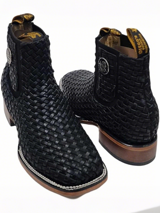 Black Basketweave Leather Ankle Boots