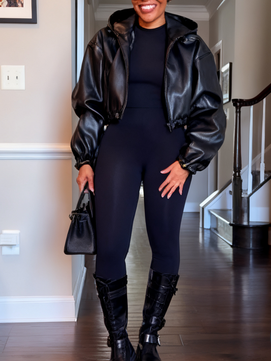 Faux Leather Cropped Hooded Jacket