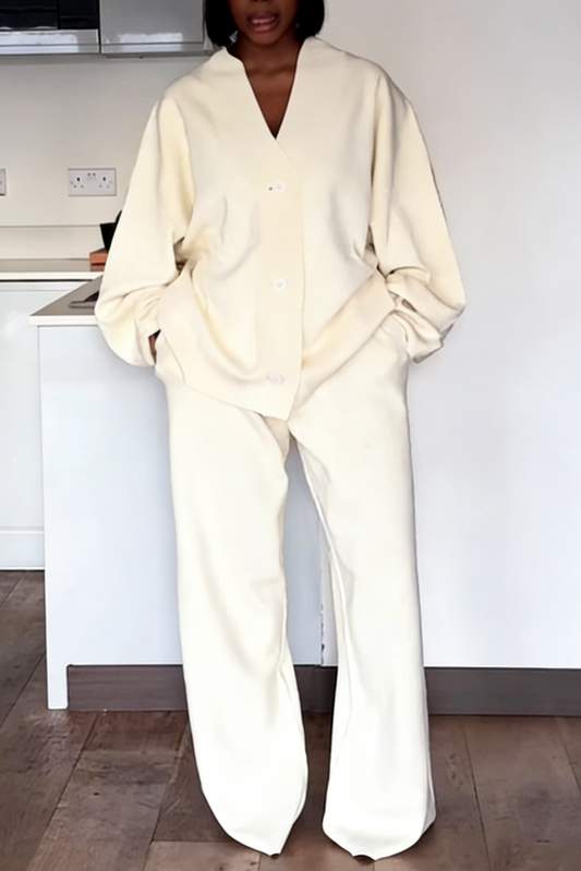 Cream Oversized Button-Up & Wide-Leg Pants Two-Piece Set