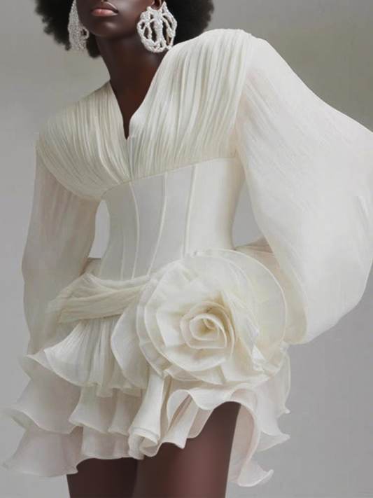Elegant Puff Sleeves and Ruffle Details White Dress
