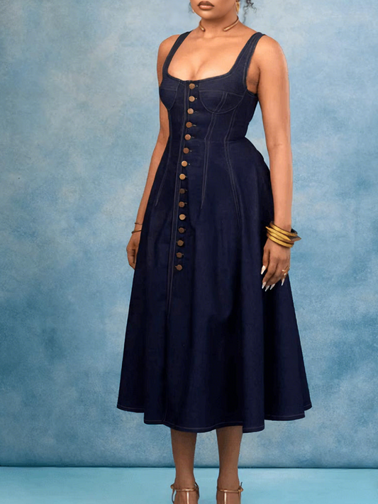 Square Neck Navy Blue Denim Midi Dress