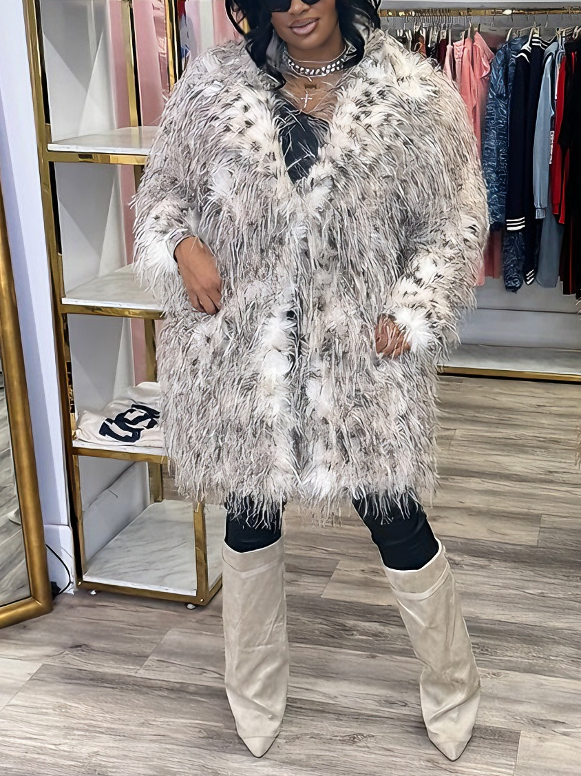 Beige & White Feather Trim Oversized Coat
