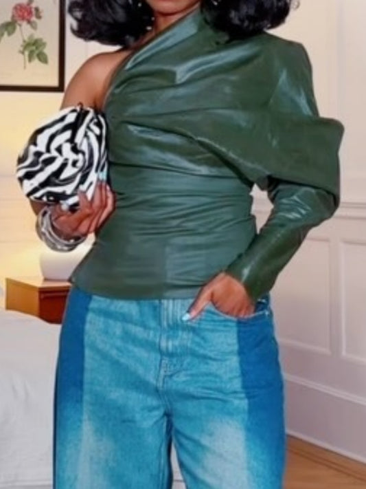 Chic One Shoulder Green Leather Top