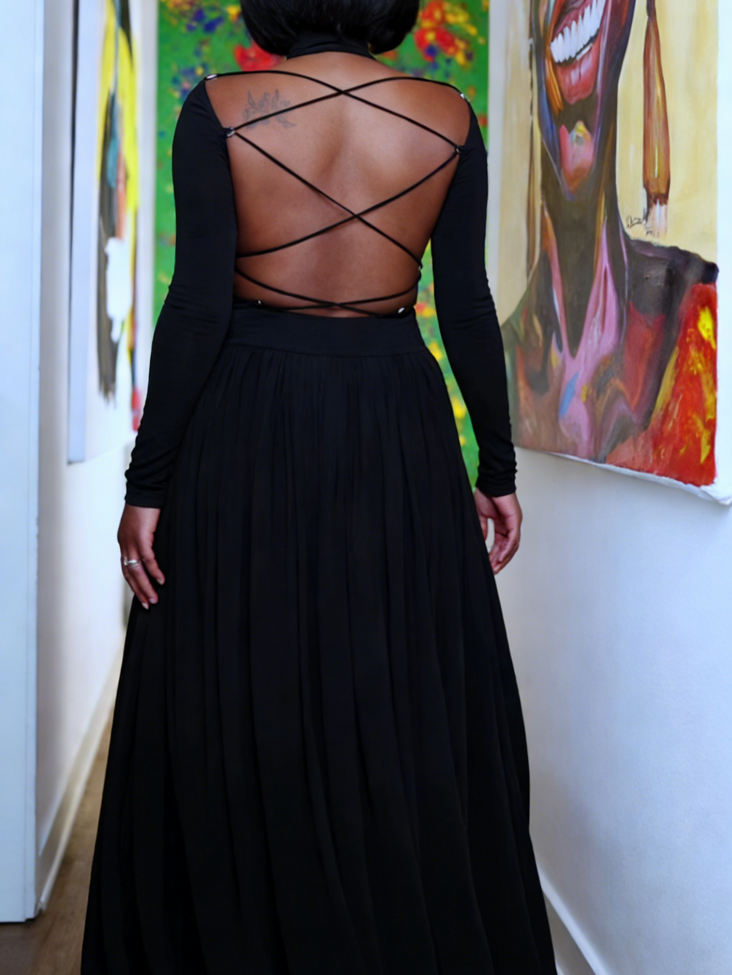 Black Cutout Shoulder Maxi Dress with Crisscross Open Back
