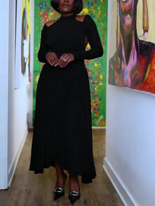 Black Cutout Shoulder Maxi Dress with Crisscross Open Back