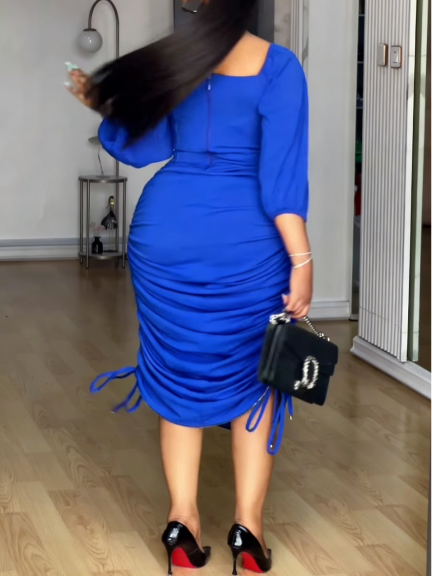 Royal Blue Square Neck Ruched Midi Dress